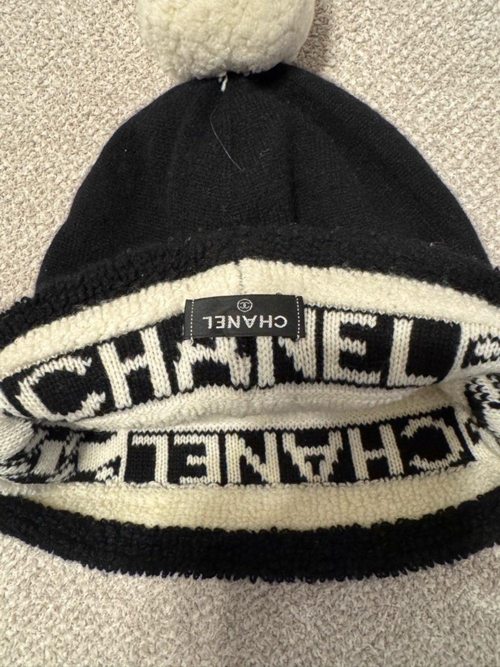 CHANEL Black and Cream Pom-Pom Logo Knit Beanie - Picture 3 of 3